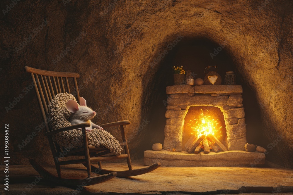 Aufkleber cozy mouse relaxing in a rocking chair by the fireplace in a cave setting during a calm evening. gen