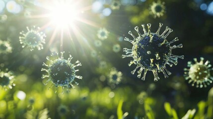 Obraz premium Abstract representation of viruses or cells floating in nature with sunlight in the background. Biology, science, microscopic, ecosystem, health. Generative by AI.