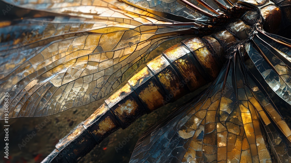 Poster detailed close up of a dragonfly wings showing intricate patterns and structures