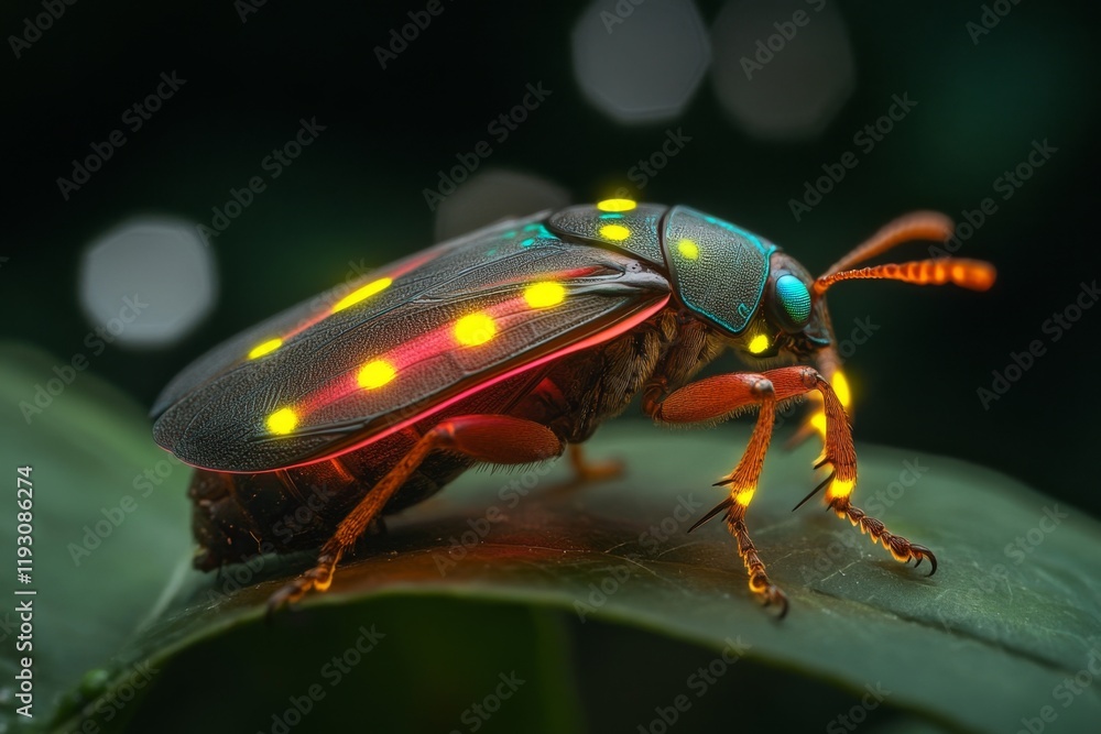 Aufkleber an isolated insect glowing brightly under uv light, with its wings displaying intricate fluorescent 