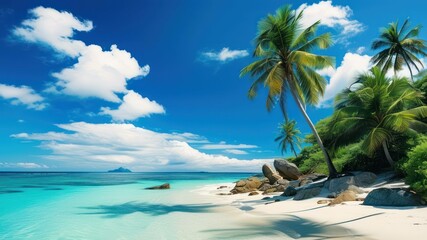 Tropical beach scene with palm trees, clear ocean waters, and sandy shore evoke feelings of relaxation and serenity