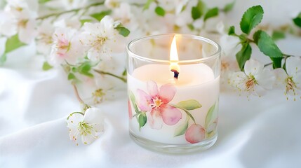 Watercolor candle with a charming floral arrangement, displayed on a clean white backdrop, captured in high definition.