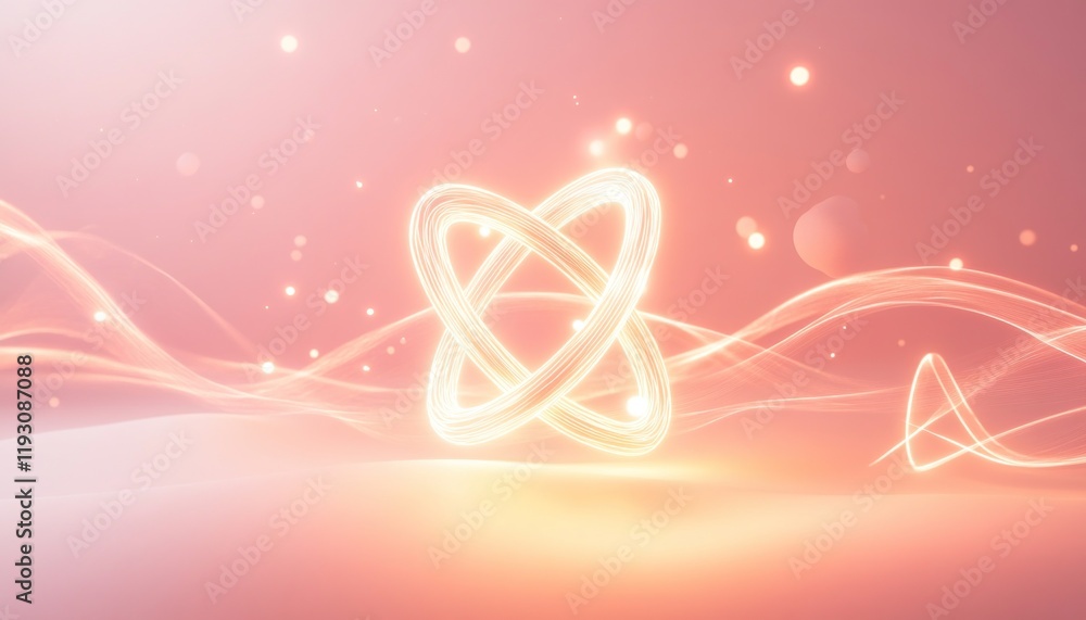 Poster abstract glowing symbol floating on pink wavy background with particles