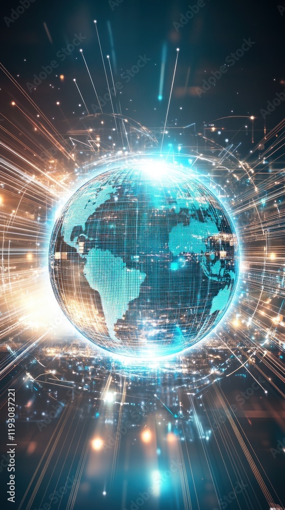 Poster planet earth rotating and generating digital connections with light trails