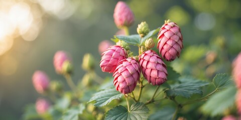 Pink hop cones growing on a plant outdoors
