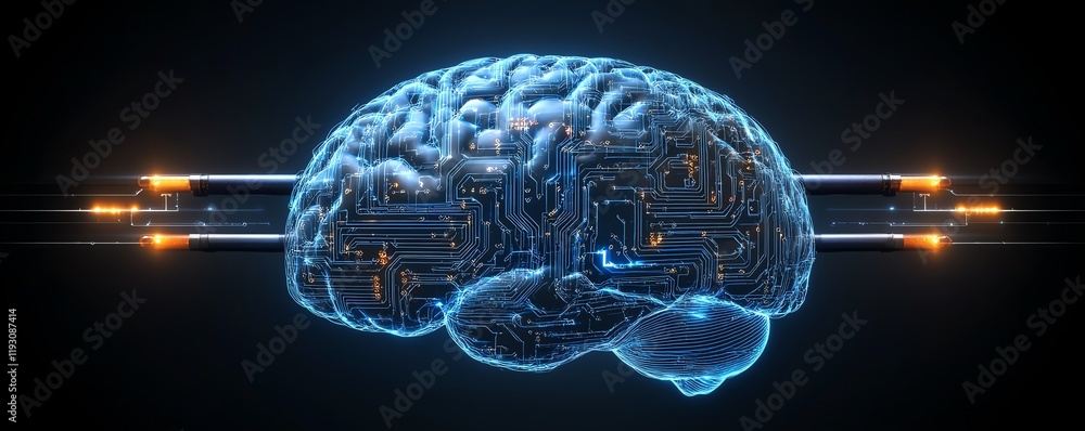 Poster 3d digital brain with circuit connections and ai design, glowing neural networks, futuristic artific