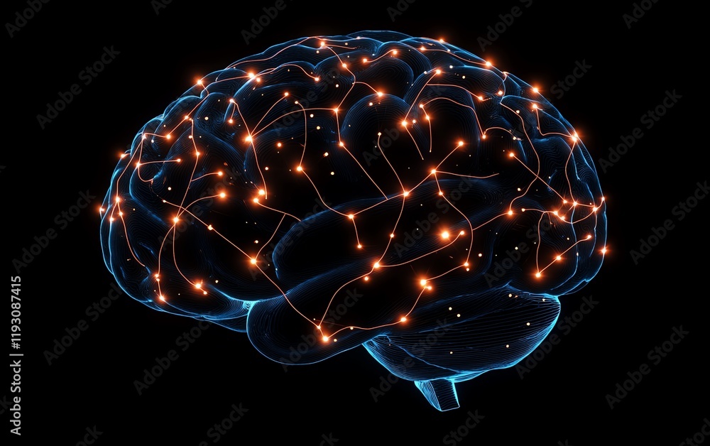 Poster 3d rendering of a brain integrated with circuits and ai elements, glowing neural pathways, futuristi