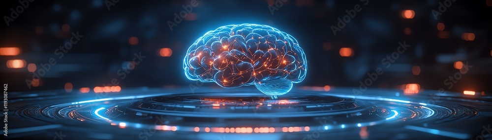 Aufkleber ai brain motif centered on a circular platform, blue and black color scheme, futuristic tech design,
