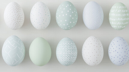 Fototapeta premium Pastel Easter Eggs: A minimalist arrangement of delicate pastel Easter eggs, each with a unique pattern, is a perfect springtime visual for your Easter-themed projects.