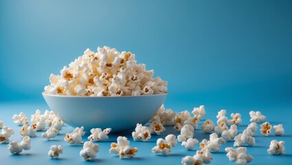 Bowl of fresh popcorn on a blue background representing a healthy snack option for movie nights and gatherings
