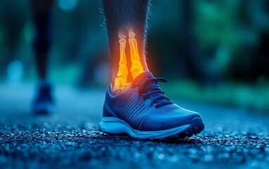 Closeup Xray of male athletes foot and ankle during sport, illustrating ankle pain and injuries, bone structure and damage details, medical sports injury concept