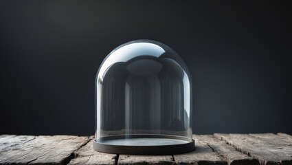 Empty glass dome on rustic wooden surface with dark background