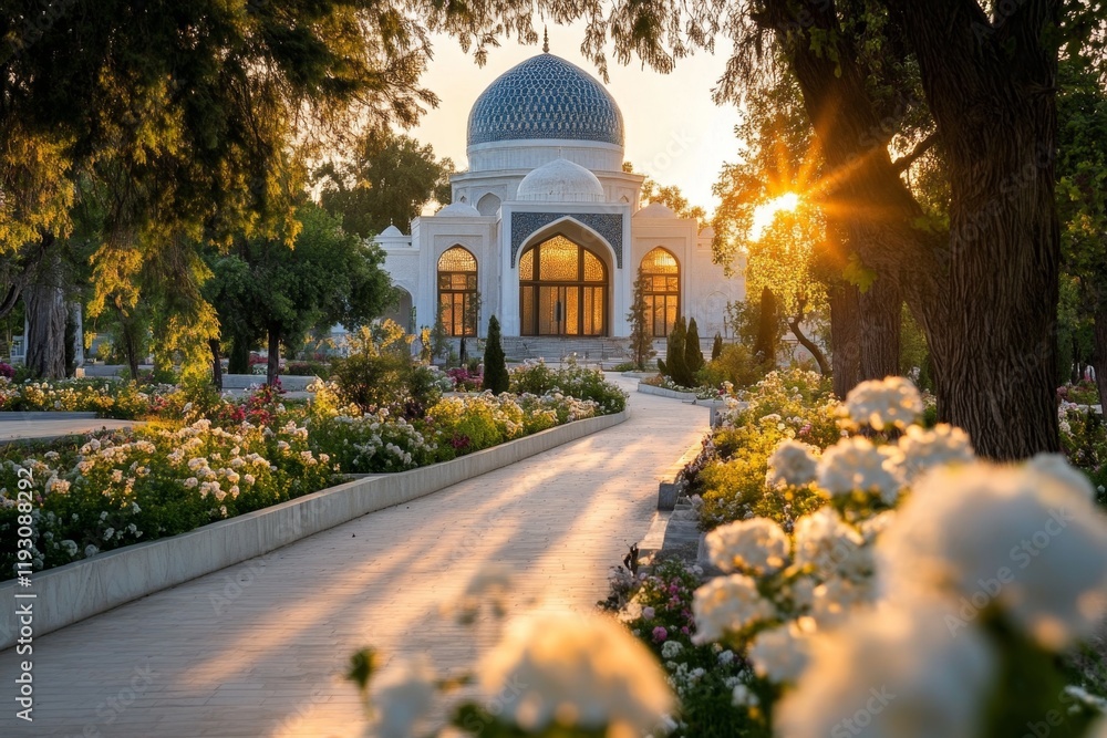 Poster the blue-tiled chashma-ayub mausoleum in bukhara, surrounded by serene gardens and soft light filter
