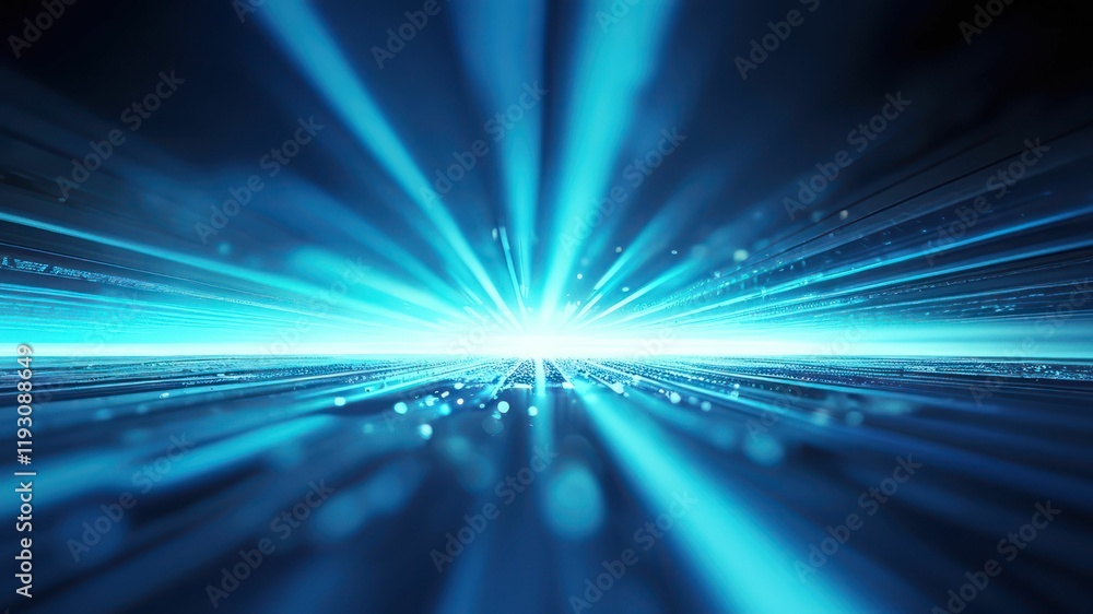Poster futuristic abstract design with radiant blue light beams moving dynamically, creating an energetic t