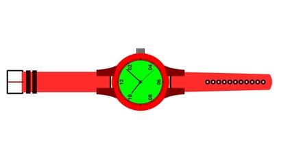 A colorful analog wrist watch with green round dial and red strip isolated on a white background