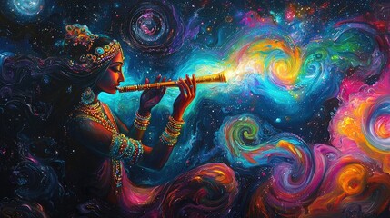 Artistic depiction of Krishna playing the flute, surrounded by vibrant cosmic colors, symbolizing divinity and culture. Hinduism, mythology, art, spirituality, music. Generative by AI.