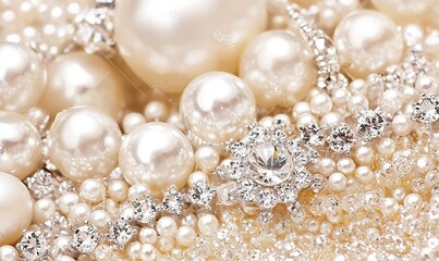 Close-up of pearl and diamond jewelry, ideal for wedding or fashion backgrounds