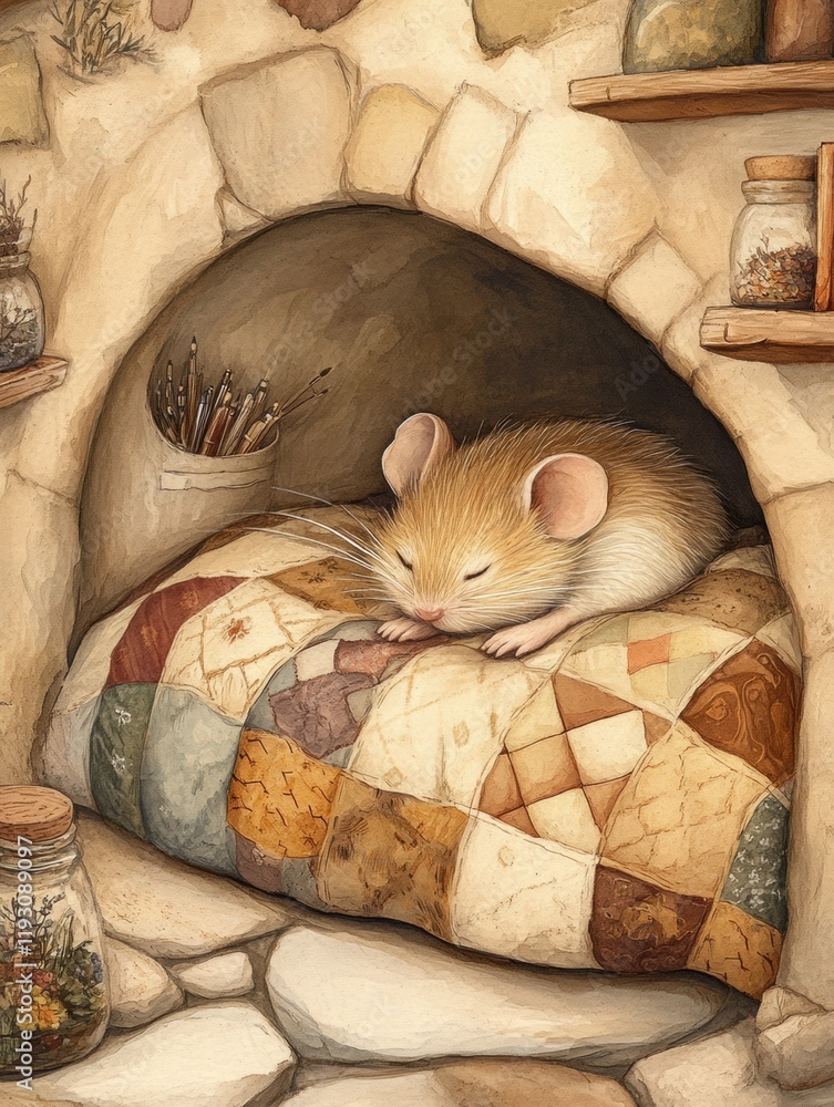 Poster cozy mouse resting on a quilt in a quaint stone nook surrounded by jars and art supplies. generative