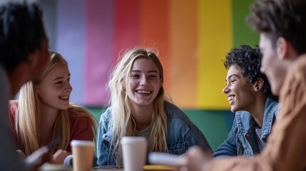 Obraz premium Group of teenagers sitting together in a colorful room, smiling and chatting, with a rainbow flag in the background. Community, friendship, diversity, celebration, youth. Generative by AI.
