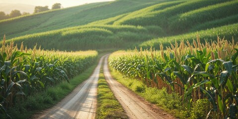 Naklejka premium Winding dirt road through lush green cornfield invites peaceful exploration in a tranquil landscape setting