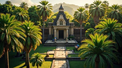 A quaint, black-doored pavilion sits at the heart of a serene garden, exuding charm with its graceful, open structure and inviting ambiance. Its elegant silhouette is highlighted by dappled sunlight f