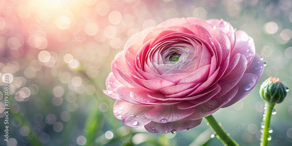 Poster a delicate pink ranunculus blossom with morning dew drops in soft bokeh background