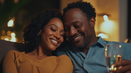 Fototapeta premium An attractive couple hugging each other while sitting on a couch in a stylish home, radiating happiness.