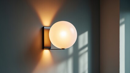 Round frosted light bulb glowing warmly from a wall sconce in a dark room