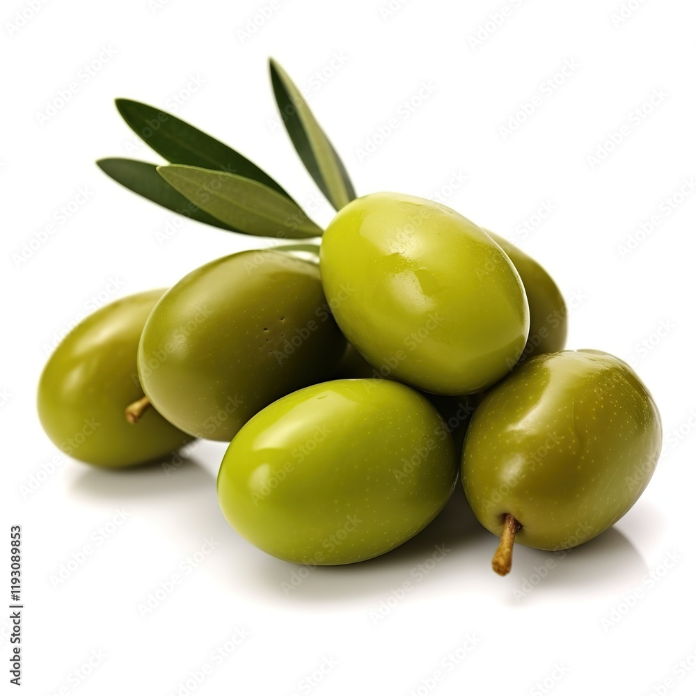 Wall mural Fresh Green Olives with Leaves on White Background