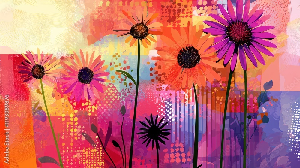 Poster a colorful digital illustration of various aster flowers with geometric shapes and patterns in a mod