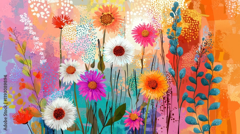 Poster a colorful digital illustration of various aster flowers with geometric shapes and patterns in a mod