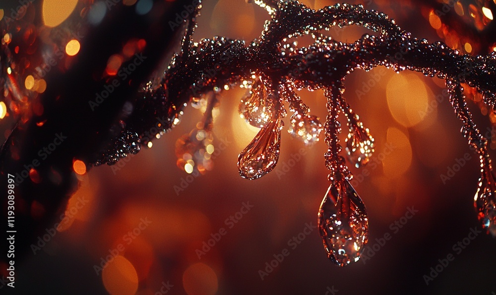 Poster dewdrops on a branch at sunset with bokeh background, nature backdrop