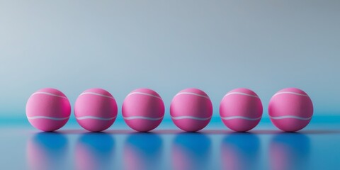 A row of pink balls are lined up on a blue surface
