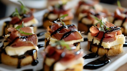 Delicious Appetizers With Prosciutto Cheese And Balsamic Glaze
