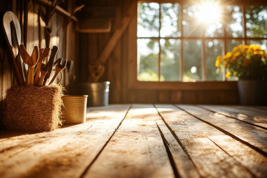 A rustic barn scene with vintage farming tools hanging on the walls, a haystack in the corner, and warm sunlight streaming through cracks in the wood