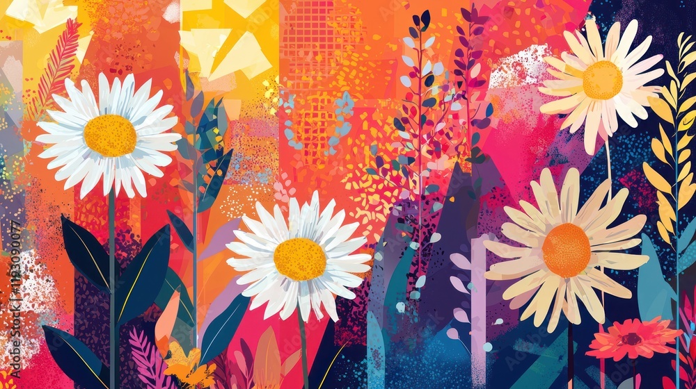 Poster a colorful digital illustration of various aster flowers with geometric shapes and patterns in a mod