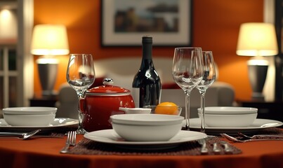 Dinner table setting with wine, teapot, and empty bowls in a warmly lit dining room