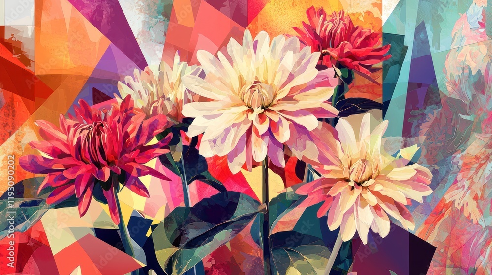 Poster a colorful digital illustration of various aster flowers with geometric shapes and patterns in a mod