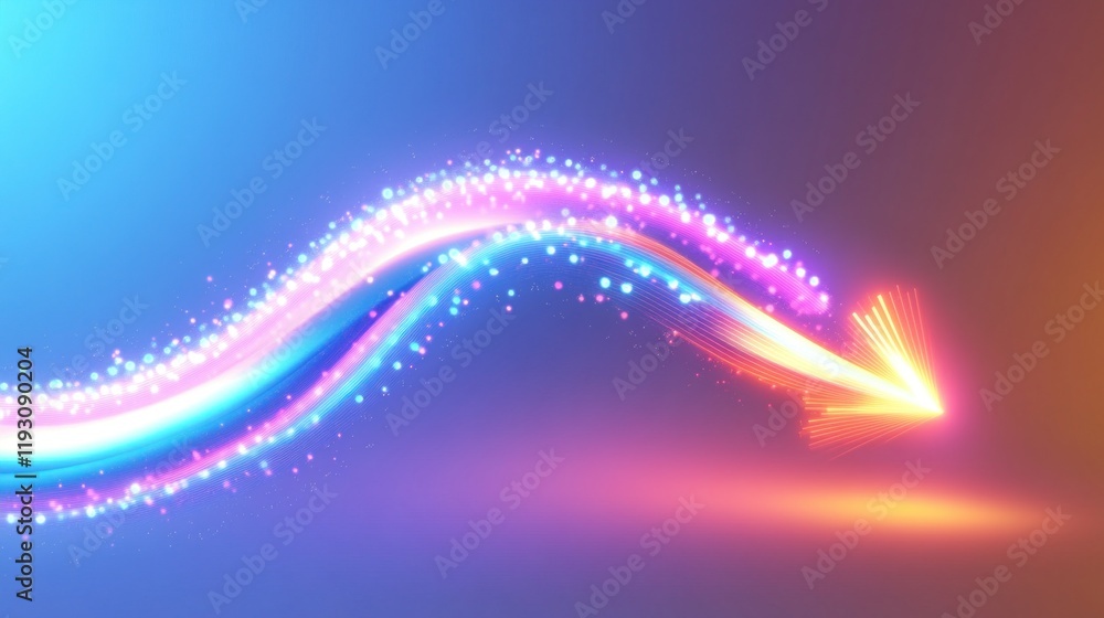 Poster glowing light trails forming arrow shape on gradient background