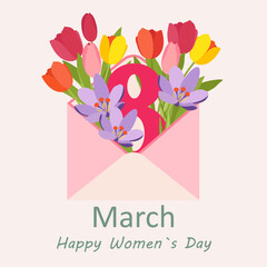 Congratulatory envelope with flowers and number 8 for Women's Day. Vector. Flat style illustration.