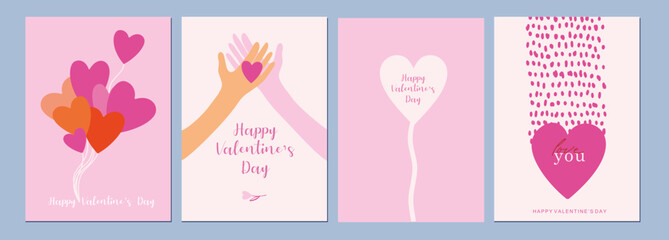 Happy Valentines Day cards set. Modern abstract art design with hearts and modern typography. Templates for celebration, ads, branding, banner, cover, label, poster, sale