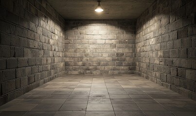 Empty stone room with dim light, tiled floor, ideal for backgrounds or edits