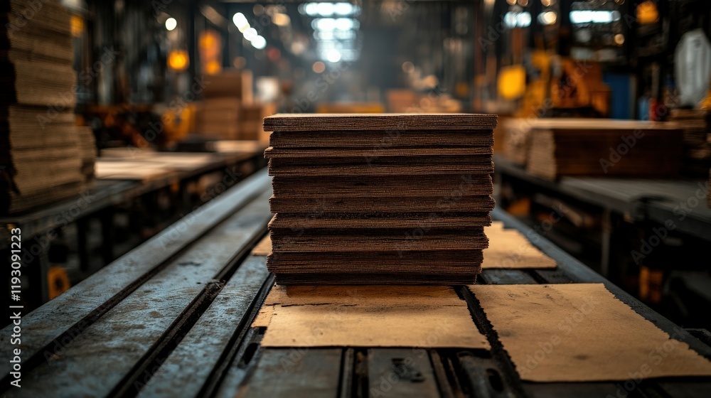 Poster stacked cardboard sheets on a workshop table surrounded by industrial equipment in a busy production