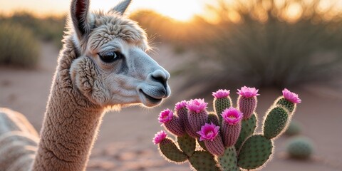 Llama smelling blooming cactus flowers in the desert at sunset