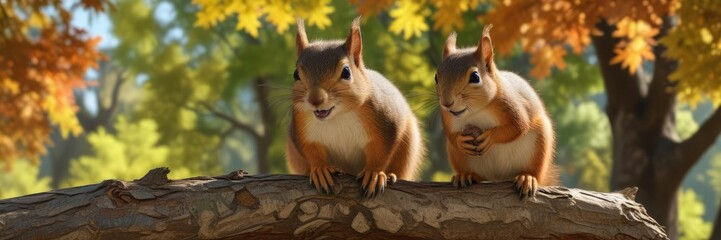 Obraz premium A bushy-tailed squirrel rests on the branch of a maple tree, holding a large nut in its mouth and surveying its surroundings , forest, nature scene, branches