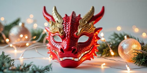 Fototapeta premium Vibrant Red Dragon Mask Surrounded by Festive Lights and Decorations