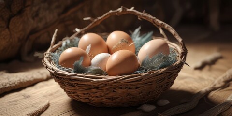 A group of eggs in a woven basket made from twigs and feathers , blue, countryside, natural