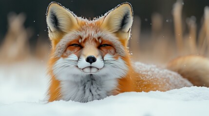 Fototapeta premium Red fox lying in snow, winter scene.