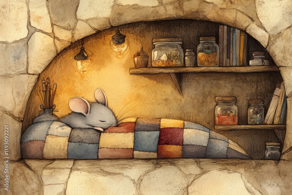Poster cozy mouse sleeping in a softly lit nook with shelves full of jars and art supplies at twilight. gen