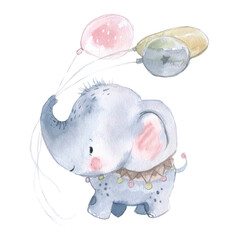 Watercolor illustration of little elephant with balloons on transparent background